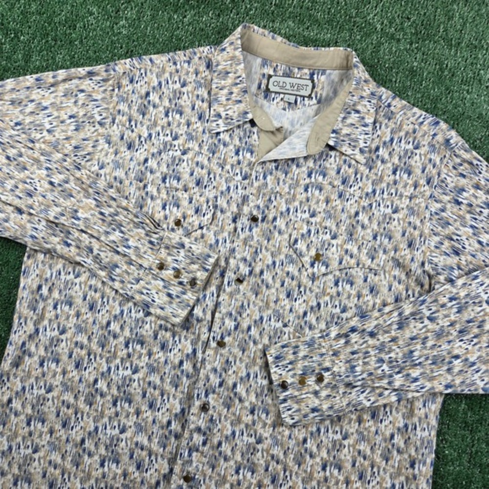 Old‎ West Mens Large Western Pearl Snap Shirt Blue Tan Abstract Ikat Long Sleeve